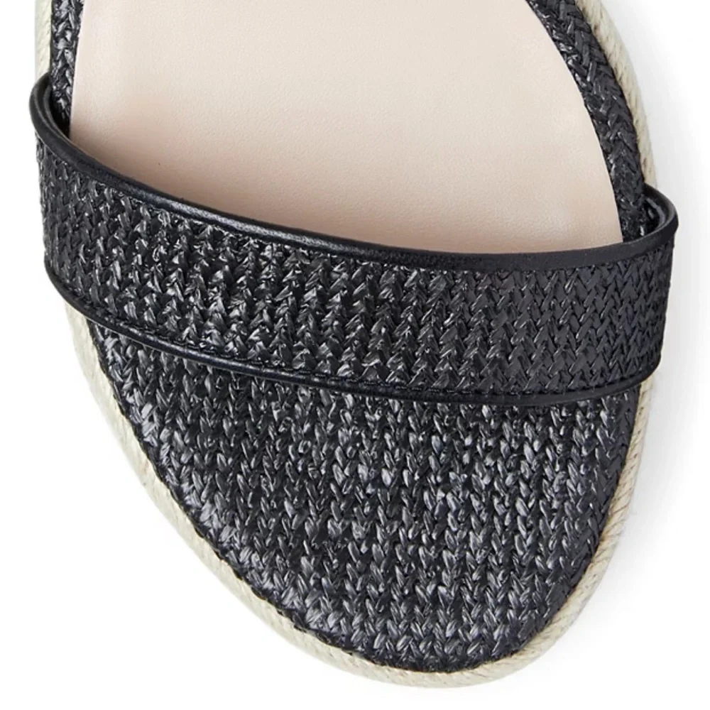 Stuart Weitzman Mykonos Two-Strap Wedge Sandals Herringbone Raffia & Black 38.5 - Picture 4 of 12